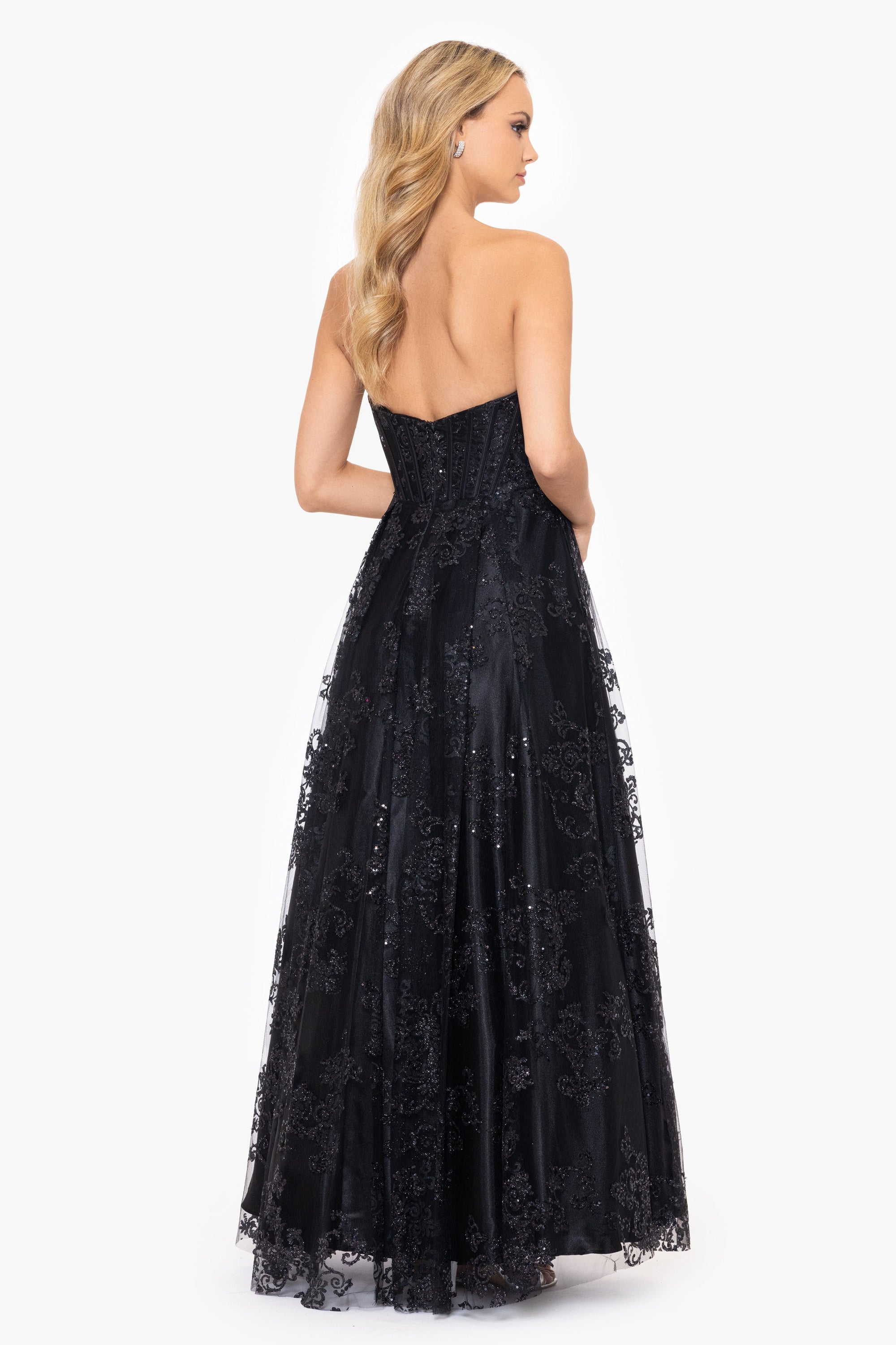 "Tori" Strapless Glitter Mesh Corset Gown