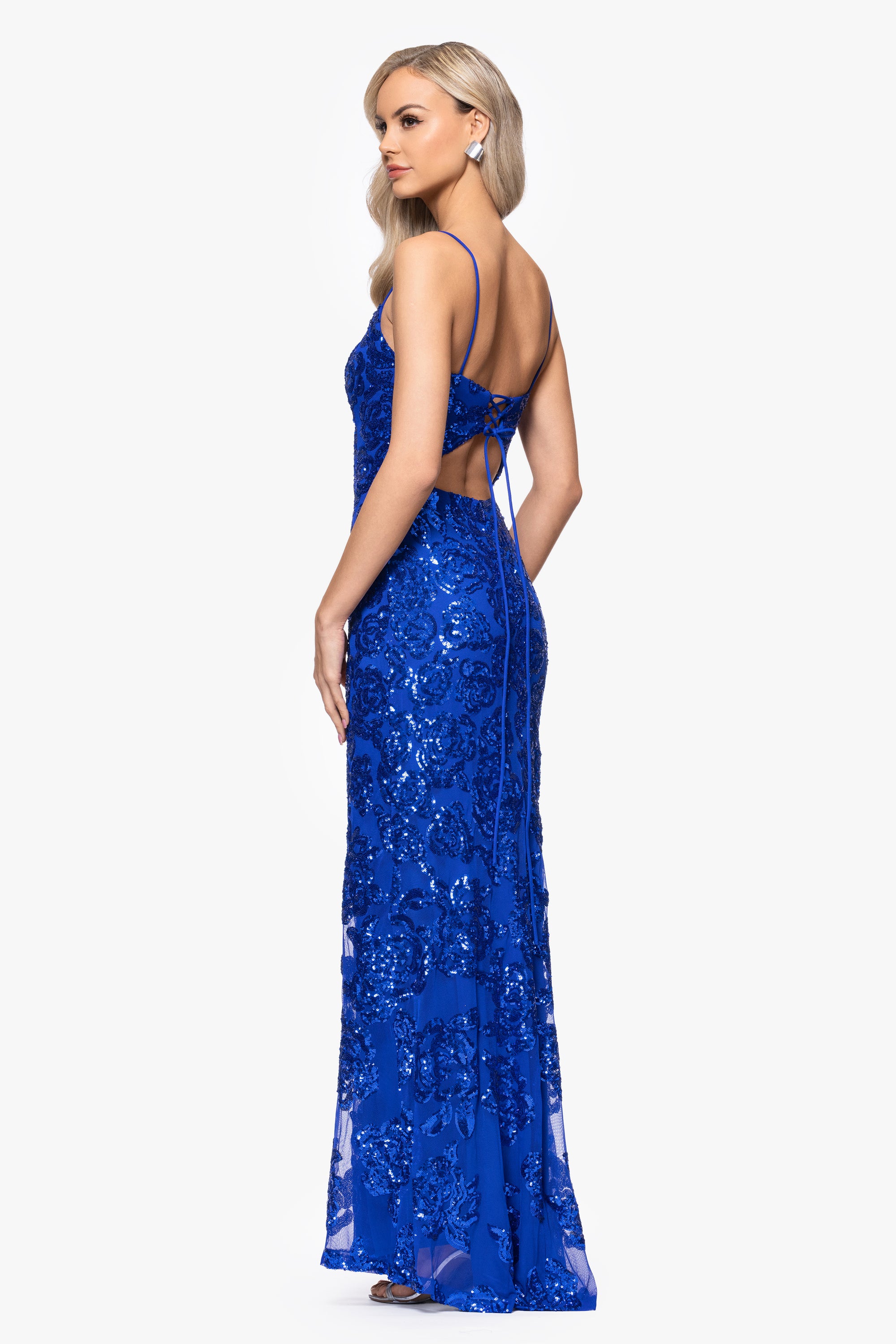 "Harper" Sequin Rose Pattern Floor Length Dress