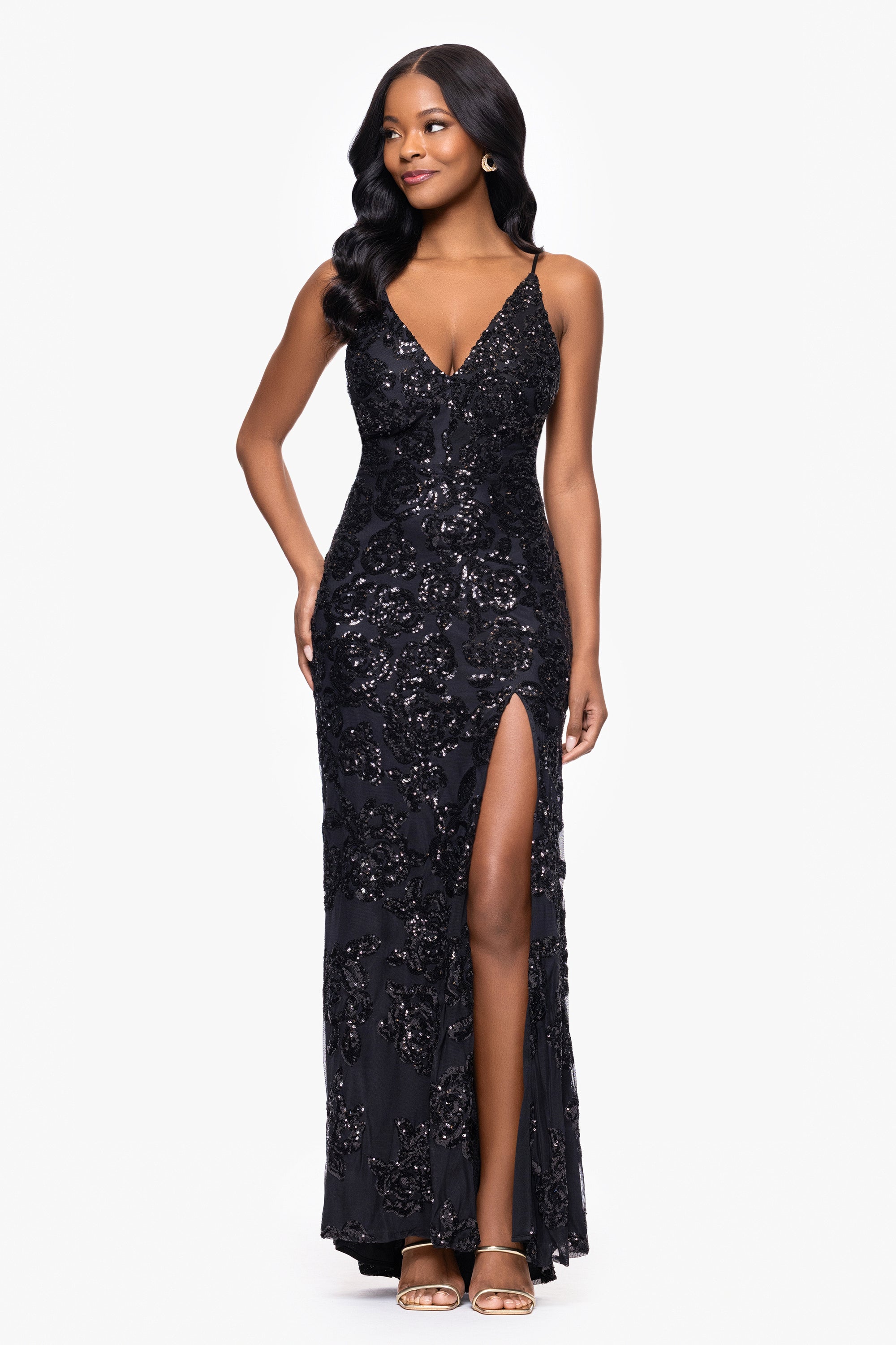 "Bianca" Sequin V-Neck Floor Length Dress