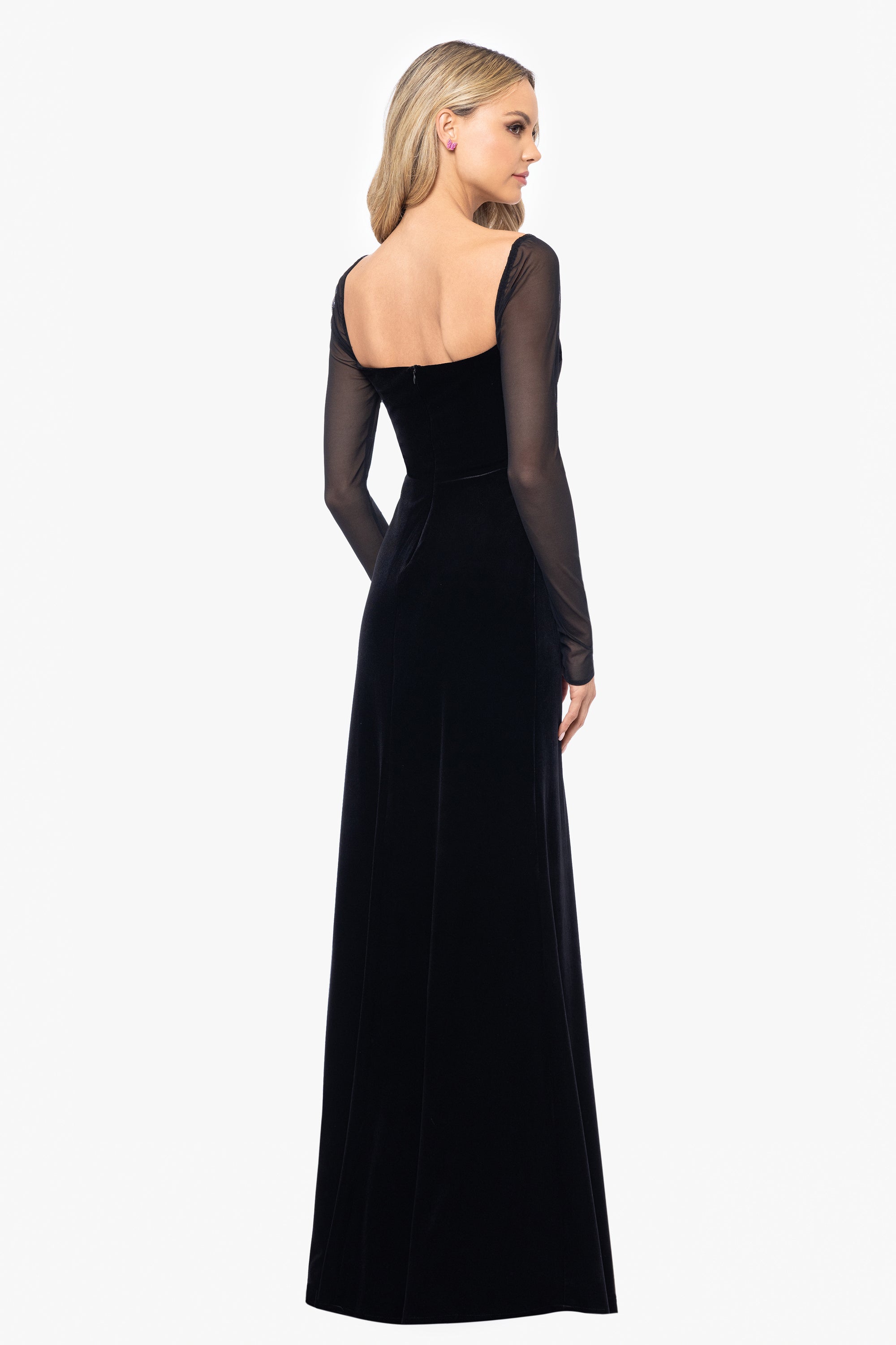 "Valerie" Sheer Long Sleeve Floor Length Velvet Dress