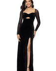 "Valerie" Sheer Long Sleeve Floor Length Velvet Dress