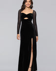 "Valerie" Sheer Long Sleeve Floor Length Velvet Dress