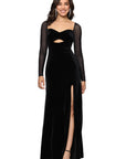 "Valerie" Sheer Long Sleeve Floor Length Velvet Dress