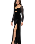"Valerie" Sheer Long Sleeve Floor Length Velvet Dress