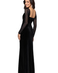 "Valerie" Sheer Long Sleeve Floor Length Velvet Dress
