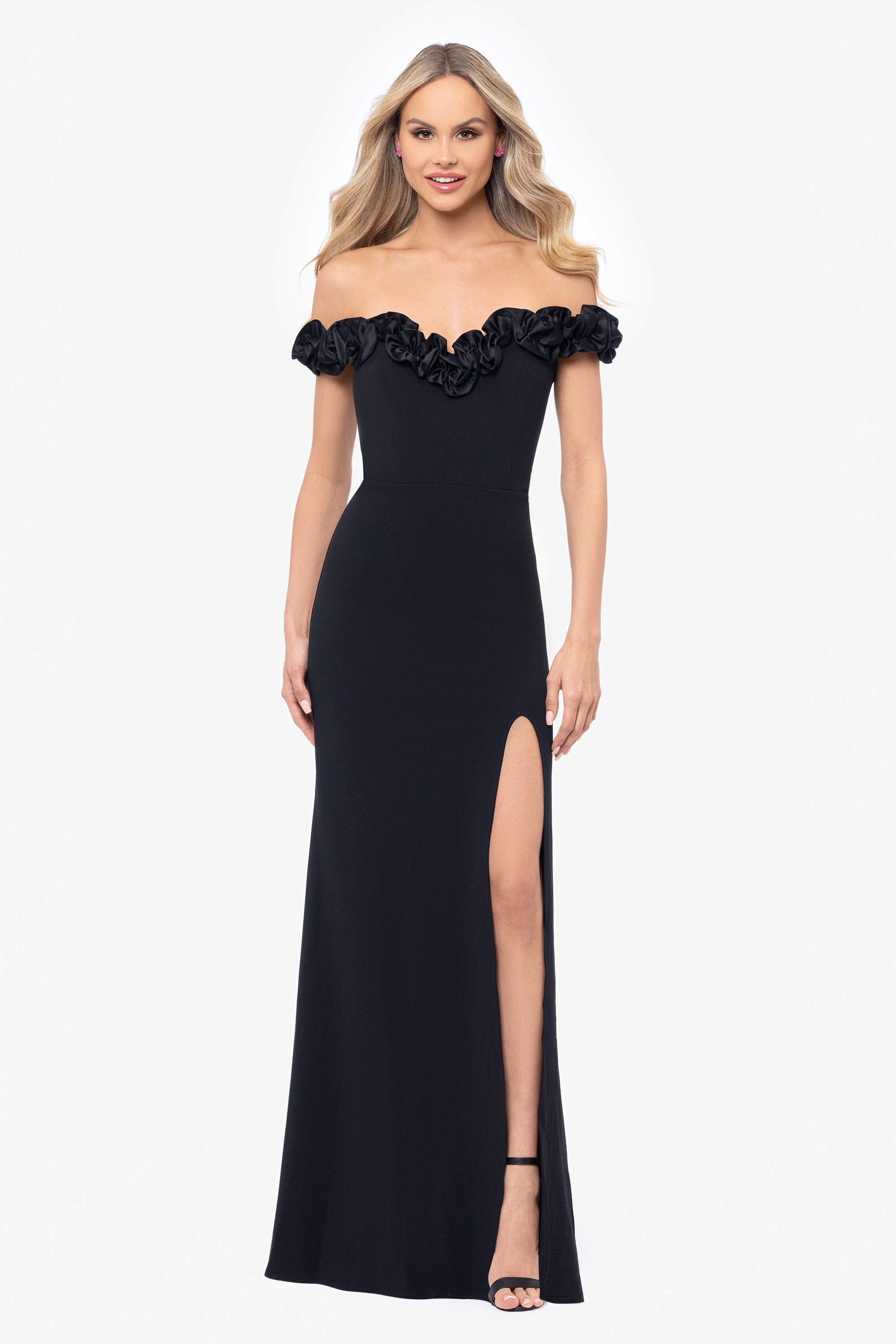 "Talia" Long Scuba Crepe Off the Shoulder Ruffle Dress