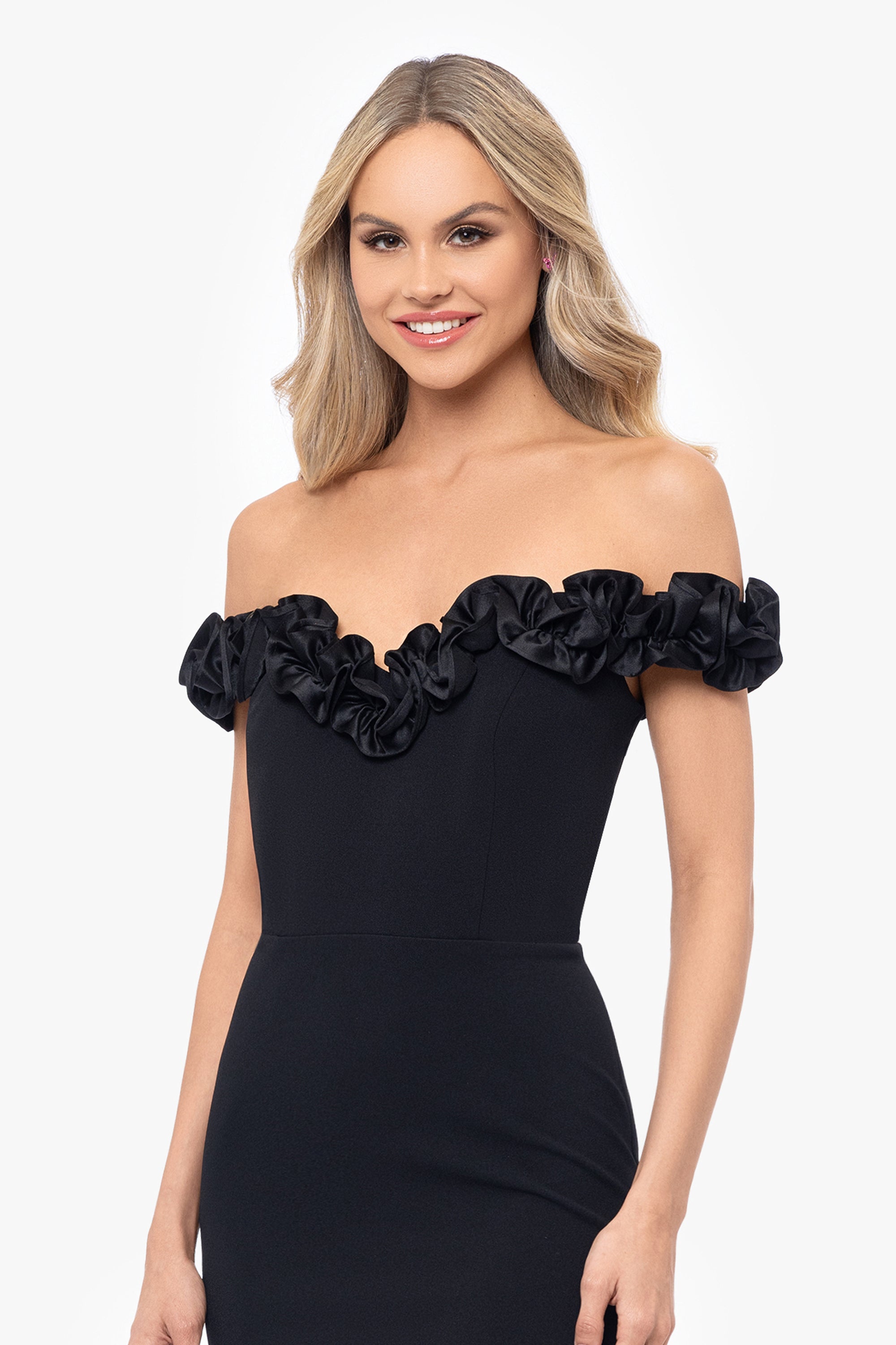 "Talia" Long Scuba Crepe Off the Shoulder Ruffle Dress