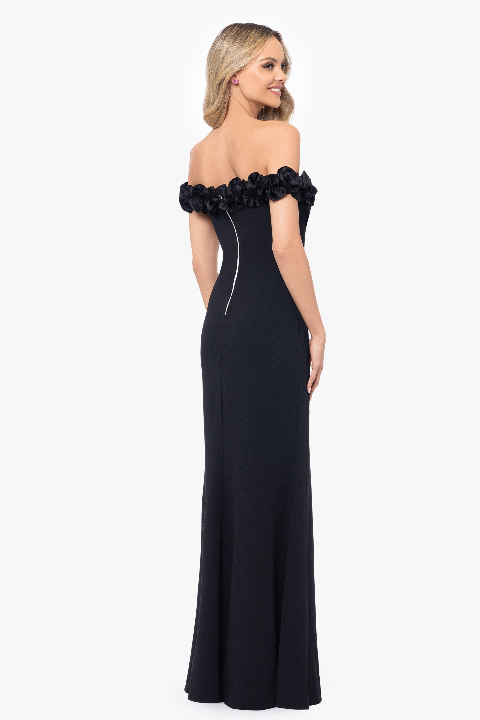 "Talia" Long Scuba Crepe Off the Shoulder Ruffle Dress