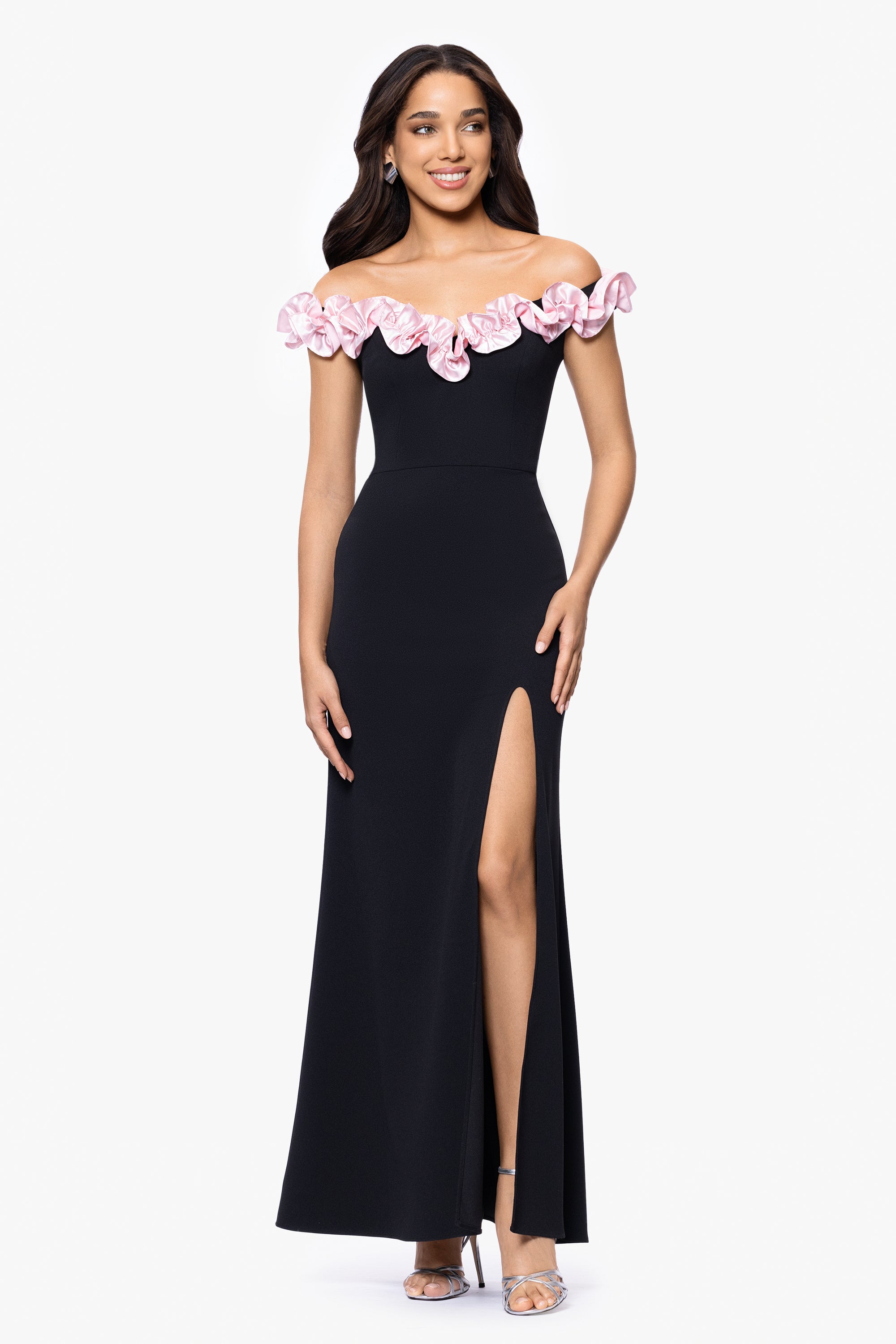 "Talia" Long Scuba Crepe Off the Shoulder Ruffle Dress