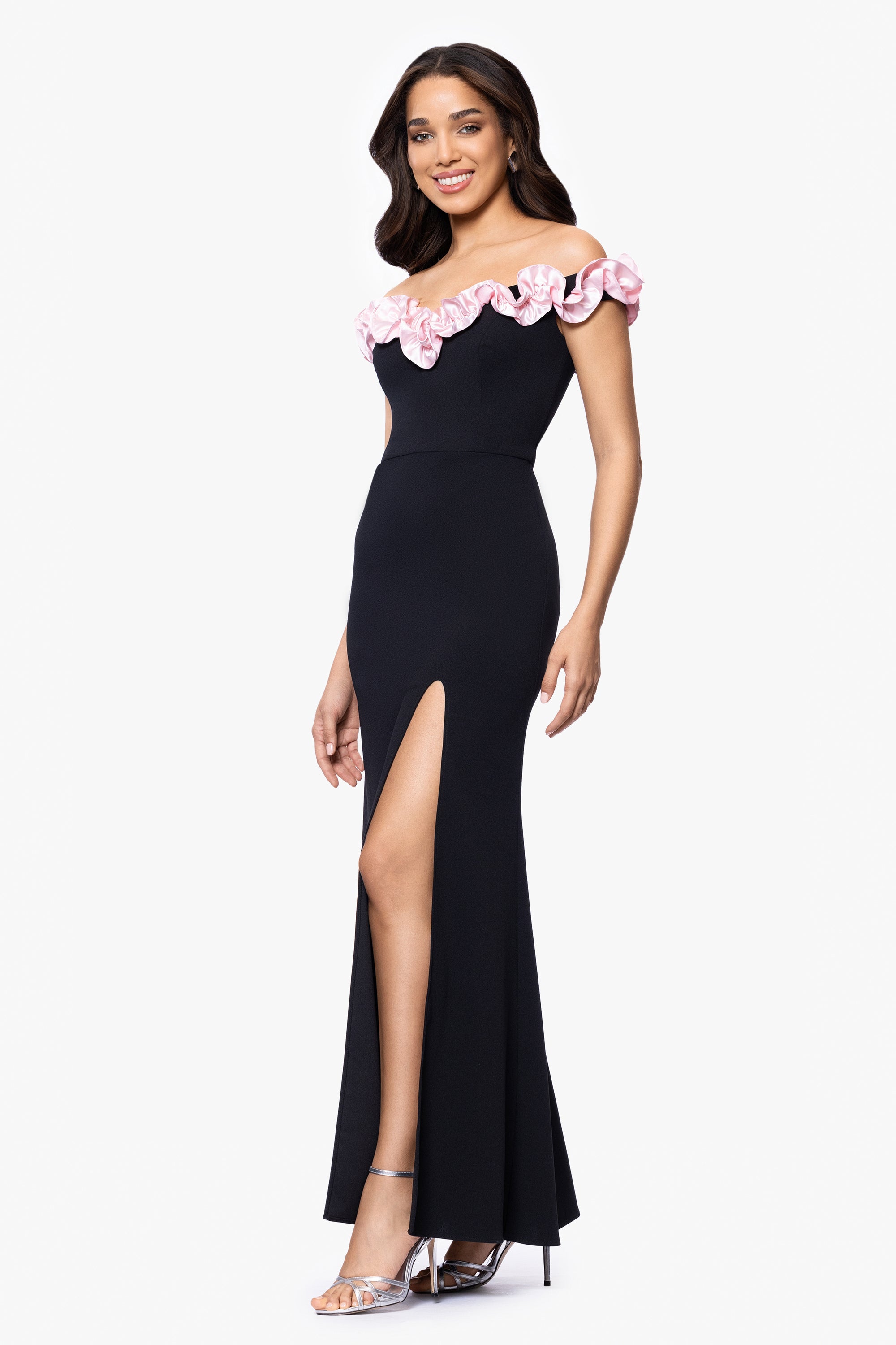 "Talia" Long Scuba Crepe Off the Shoulder Ruffle Dress