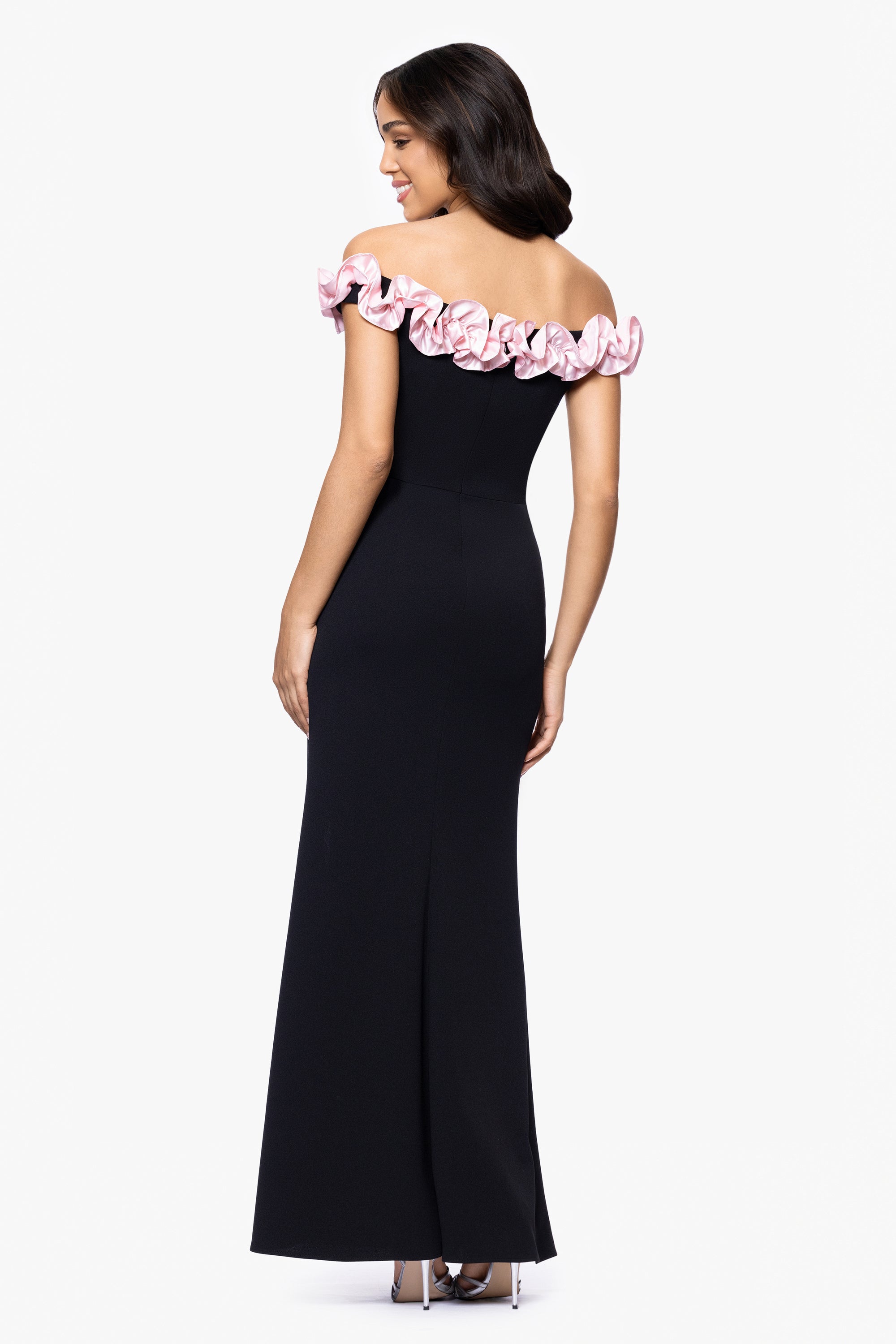 "Talia" Long Scuba Crepe Off the Shoulder Ruffle Dress
