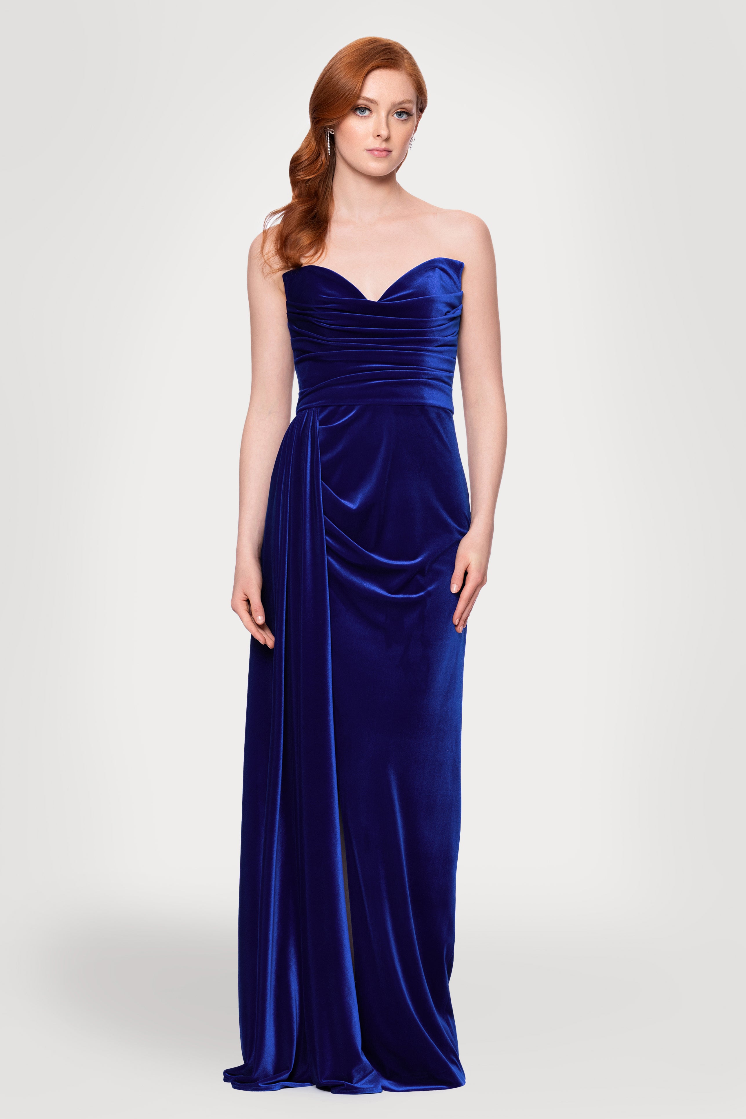 Angela Velvet Strapless Draped Skirt Floor Length Dress