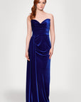 "Angela" Velvet Strapless Draped Skirt Floor Length Dress