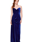 "Angela" Velvet Strapless Draped Skirt Floor Length Dress