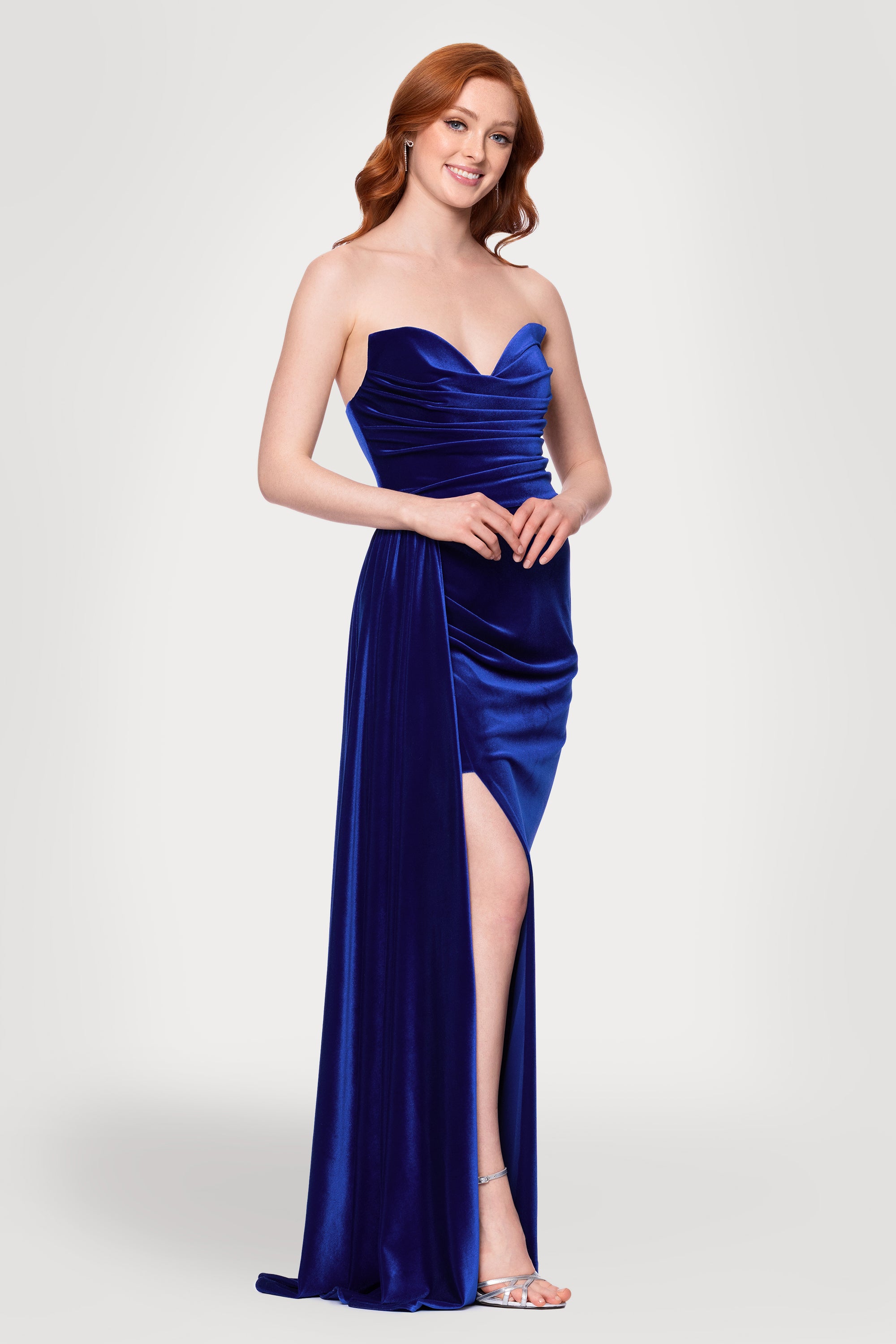 "Angela" Velvet Strapless Draped Skirt Floor Length Dress
