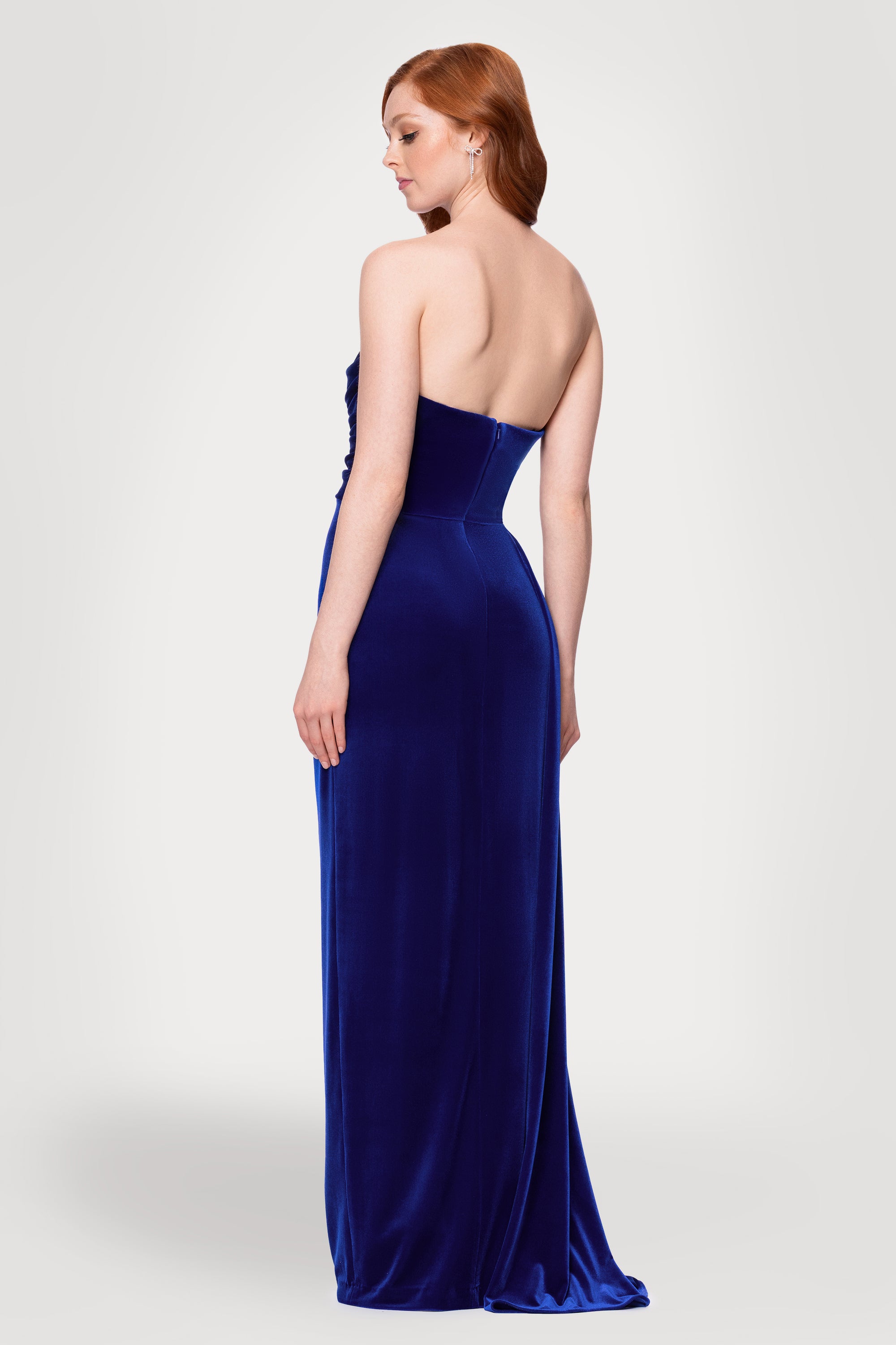 "Angela" Velvet Strapless Draped Skirt Floor Length Dress