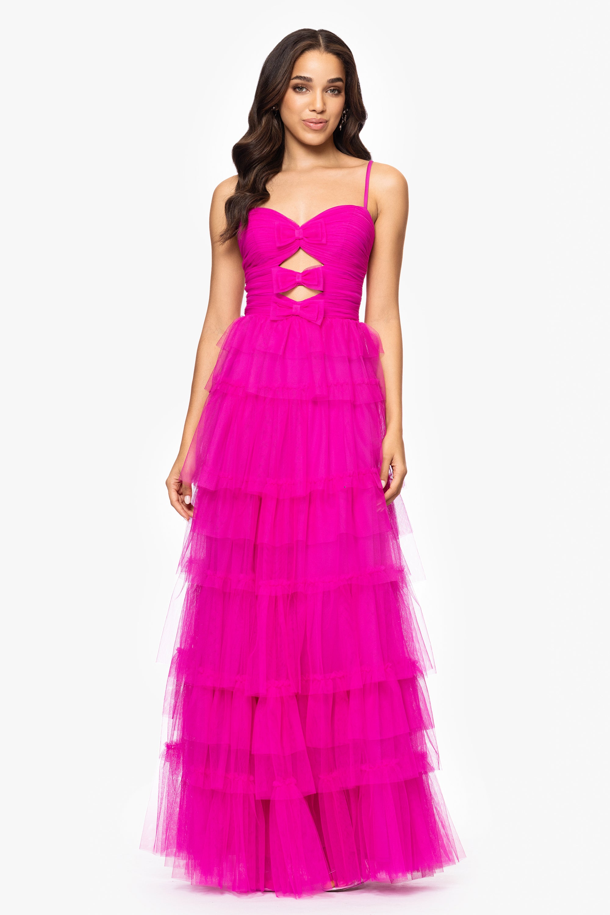 "Gina" Mesh Tier Bow and Ruffle Floor Length Gown