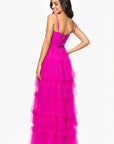 "Gina" Mesh Tier Bow and Ruffle Floor Length Gown