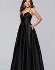 "Kaylin" Satin Spaghetti Strap V-Neck Floor Length Dress