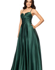 "Kaylin" Satin Spaghetti Strap V-Neck Floor Length Dress