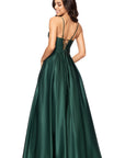 "Kaylin" Satin Spaghetti Strap V-Neck Floor Length Dress