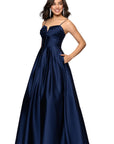 "Kaylin" Satin Spaghetti Strap V-Neck Floor Length Dress