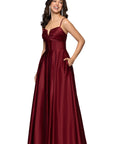 "Kaylin" Satin Spaghetti Strap V-Neck Floor Length Dress
