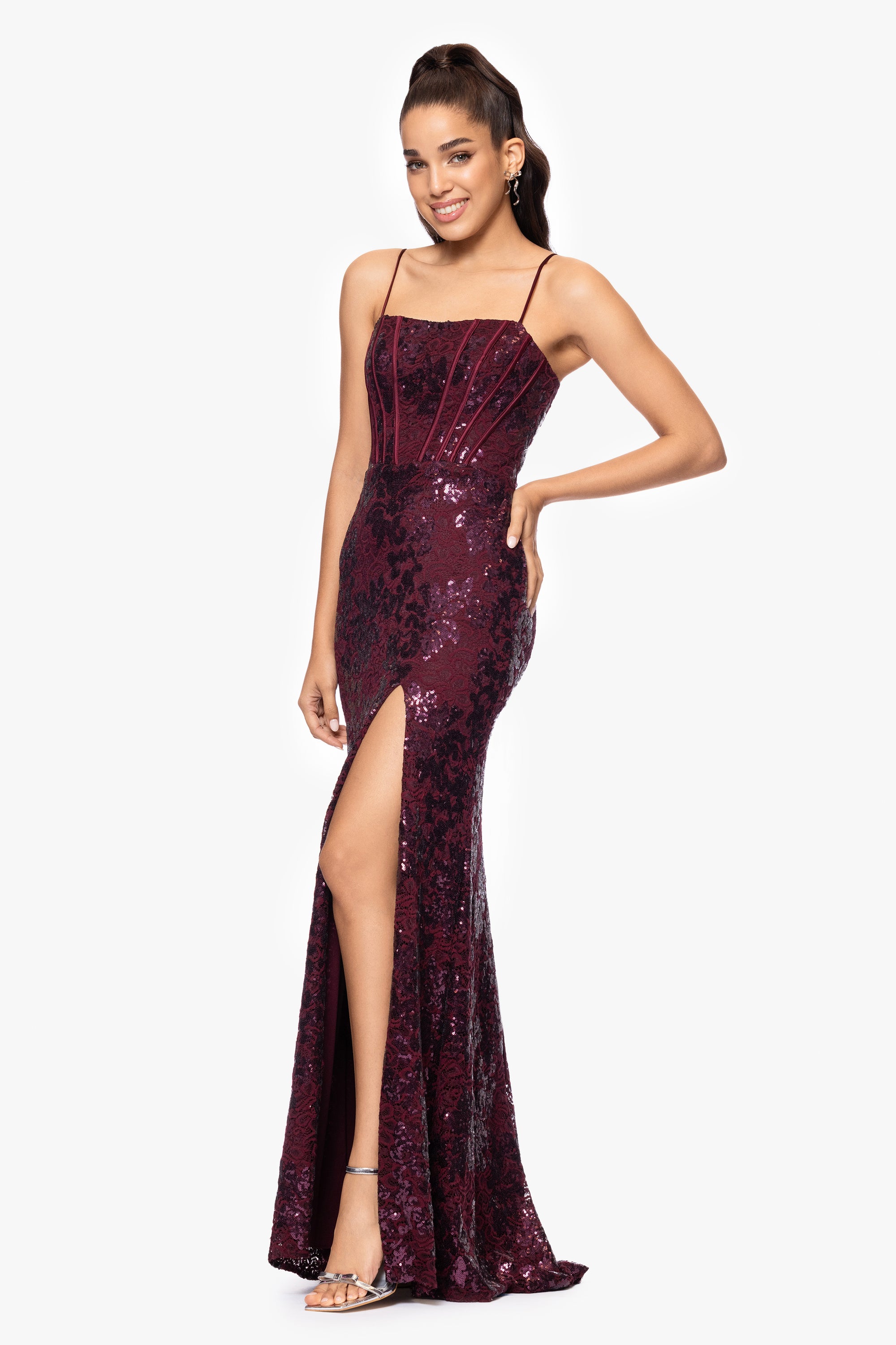 "Annie" Long Sequin Lace Corset Dress