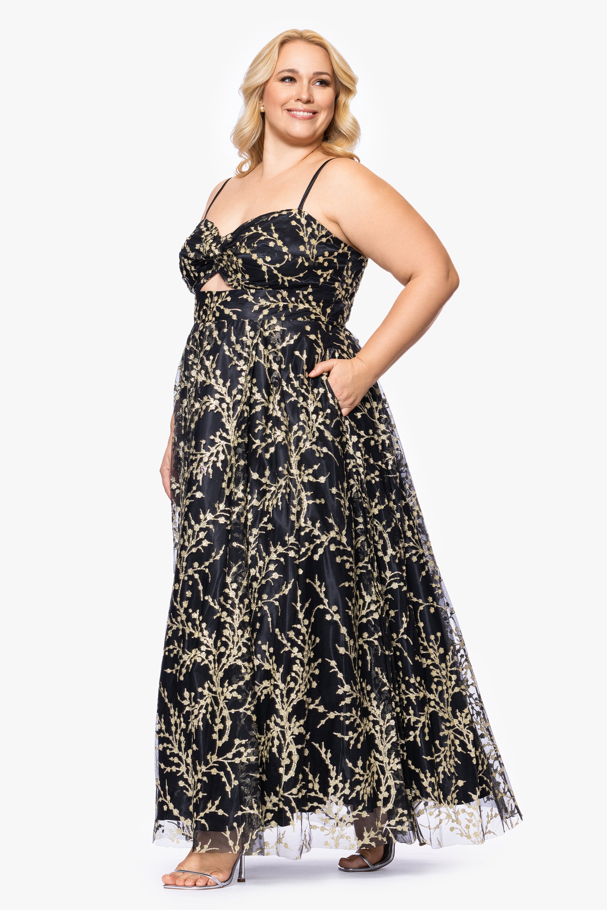 Blondie Nites Plus "Tina" Long Twisted Caviar Glitter Gown