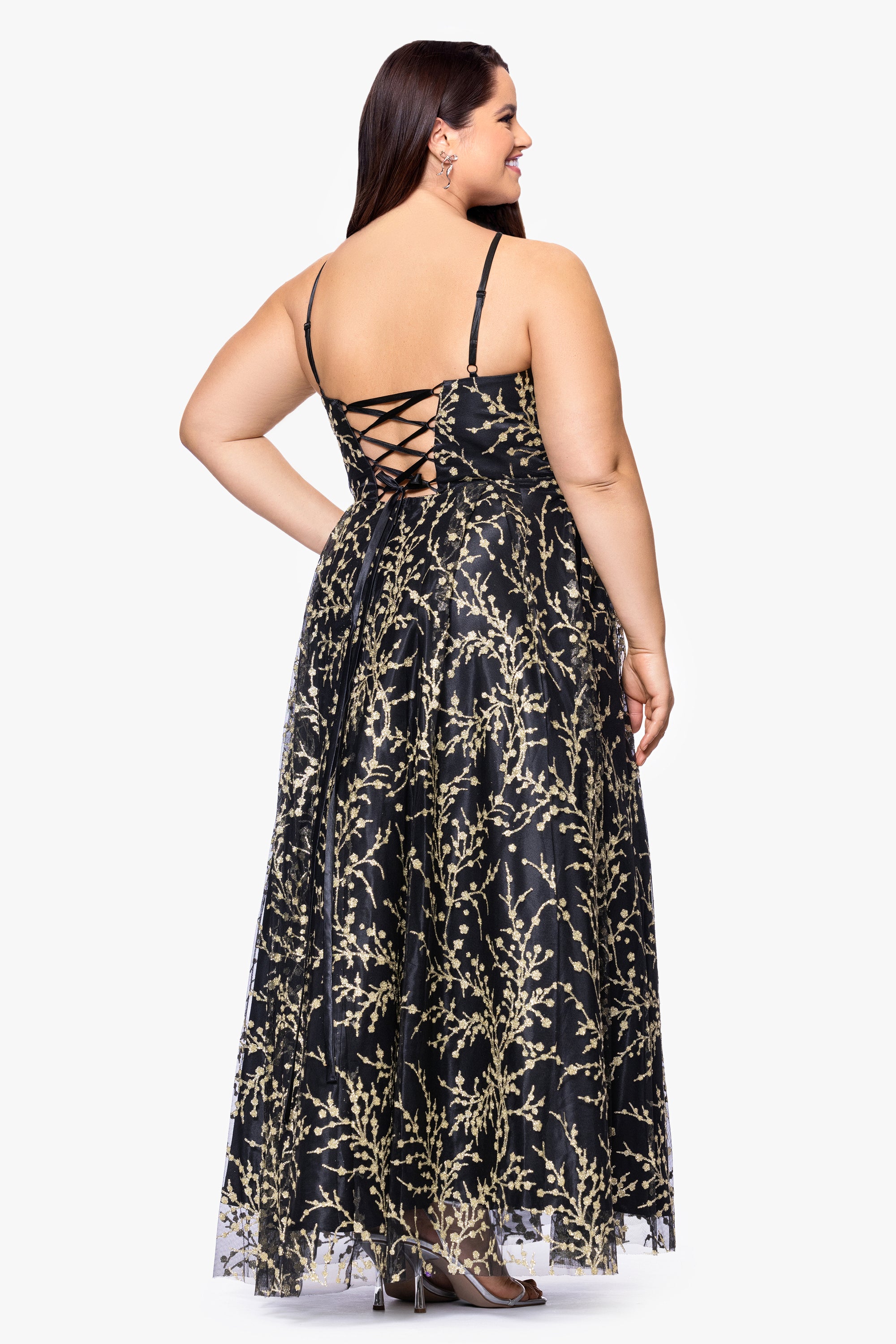 Plus "Tina" Long Twisted Caviar Glitter Gown