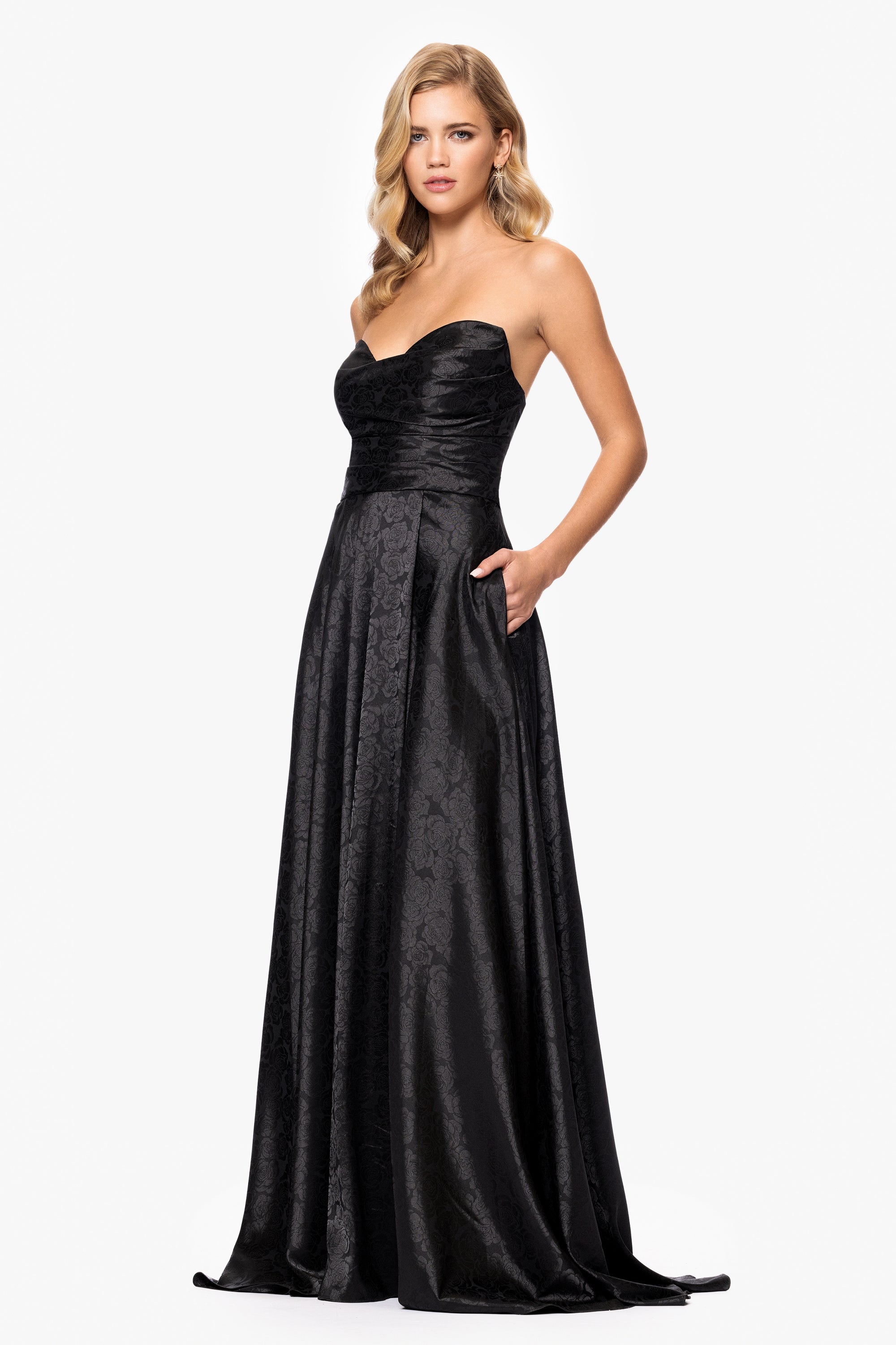 "Raquel" Long Strapless Jacquard Gown