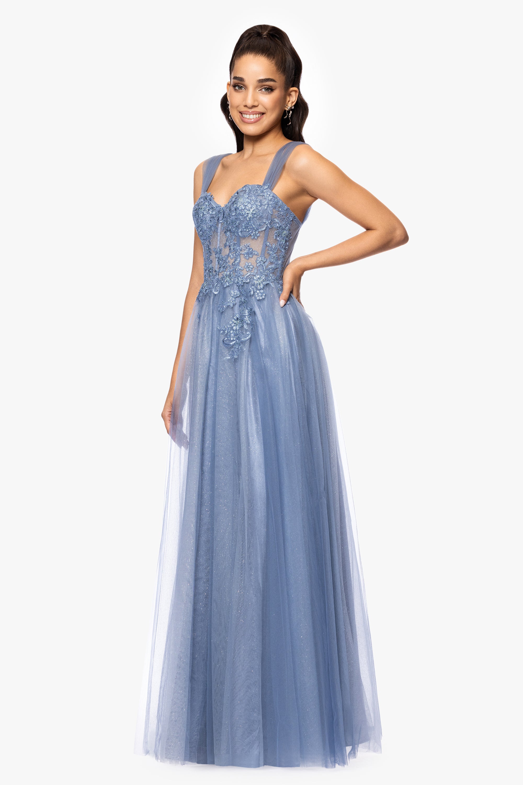 "Christy" Embellished Mesh Illusion Corset Floor Length Dress