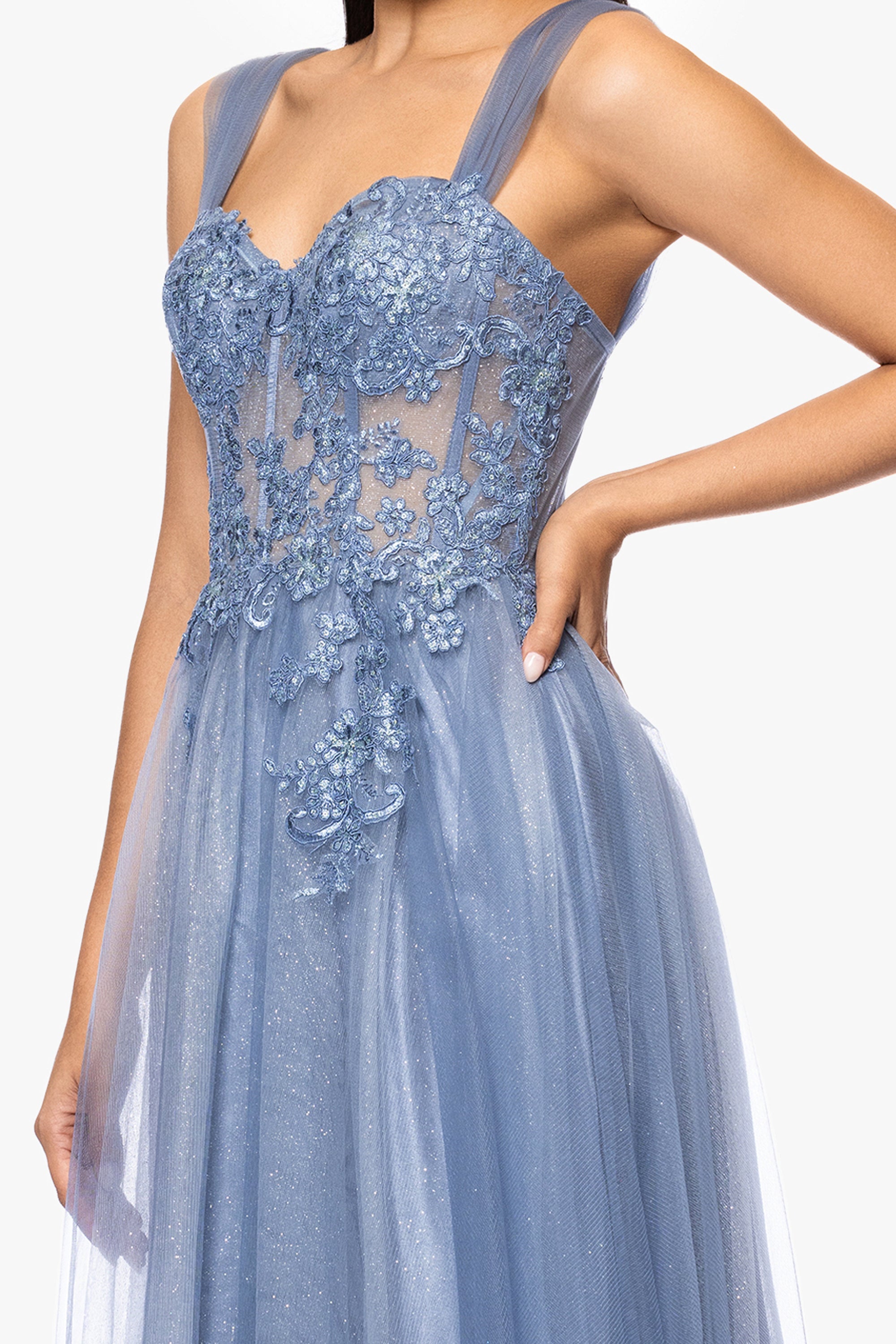 "Christy" Embellished Mesh Illusion Corset Floor Length Dress
