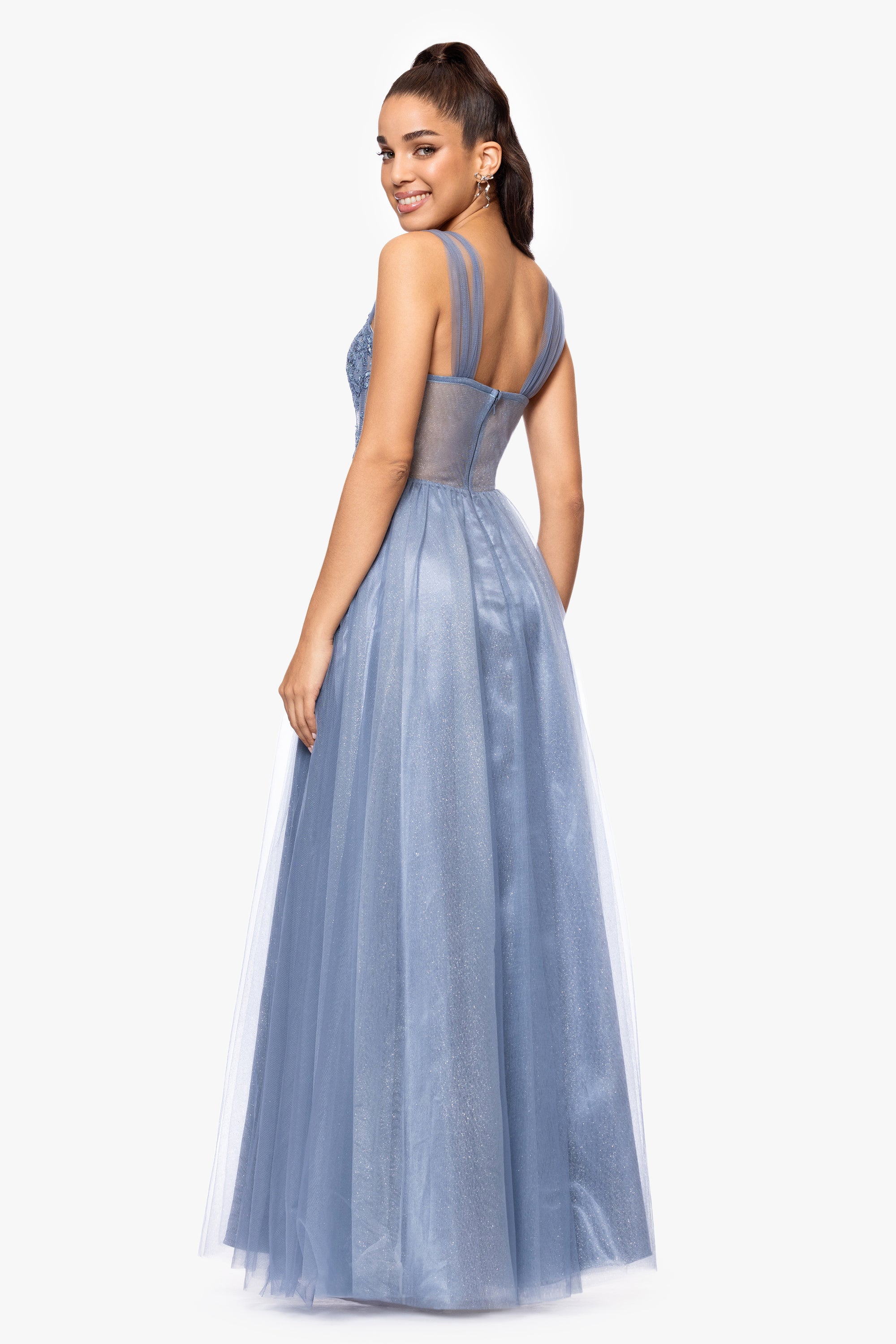 "Christy" Embellished Mesh Illusion Corset Floor Length Dress