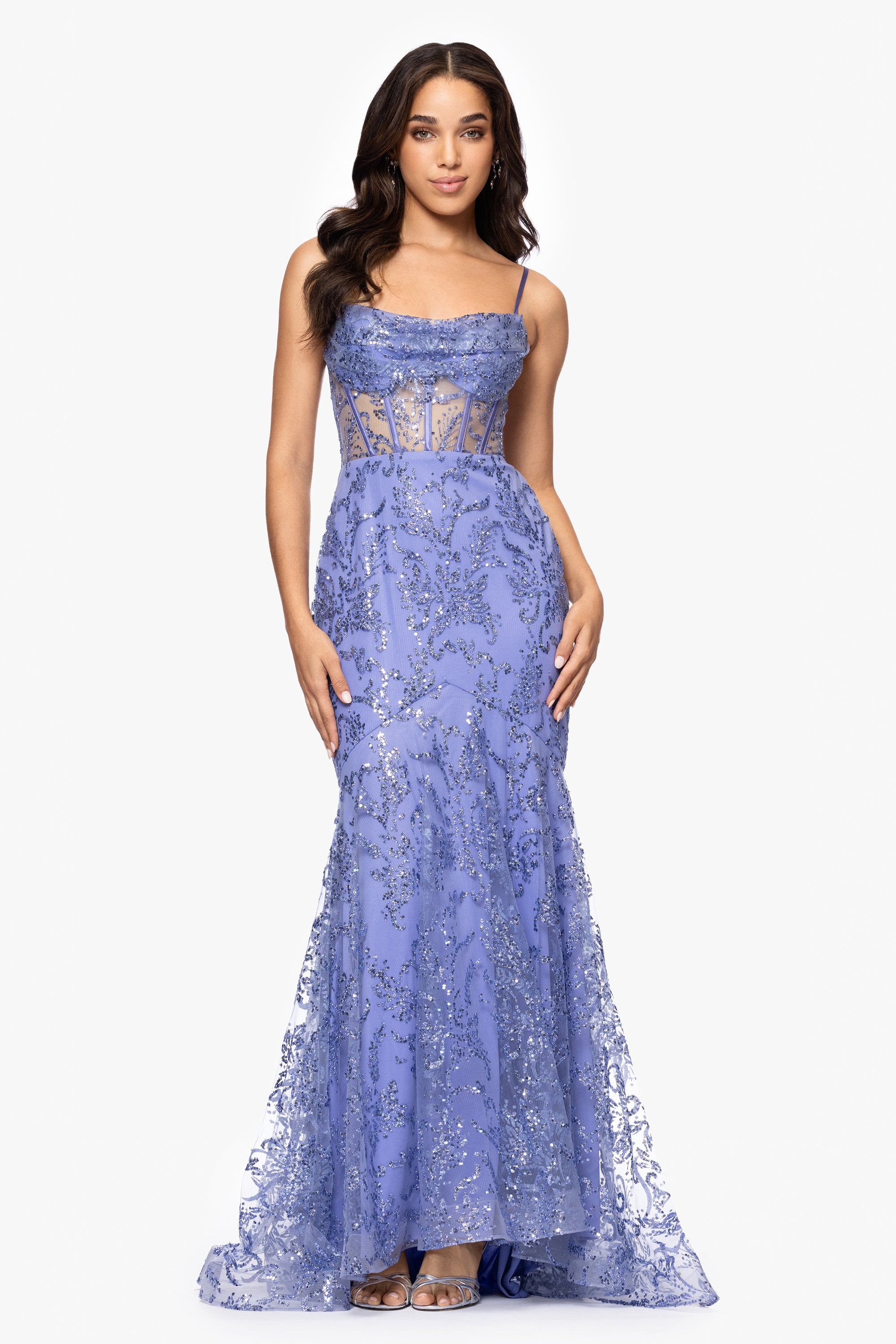 "Melanie" Long Spaghetti Strap Glitter Mesh Dress