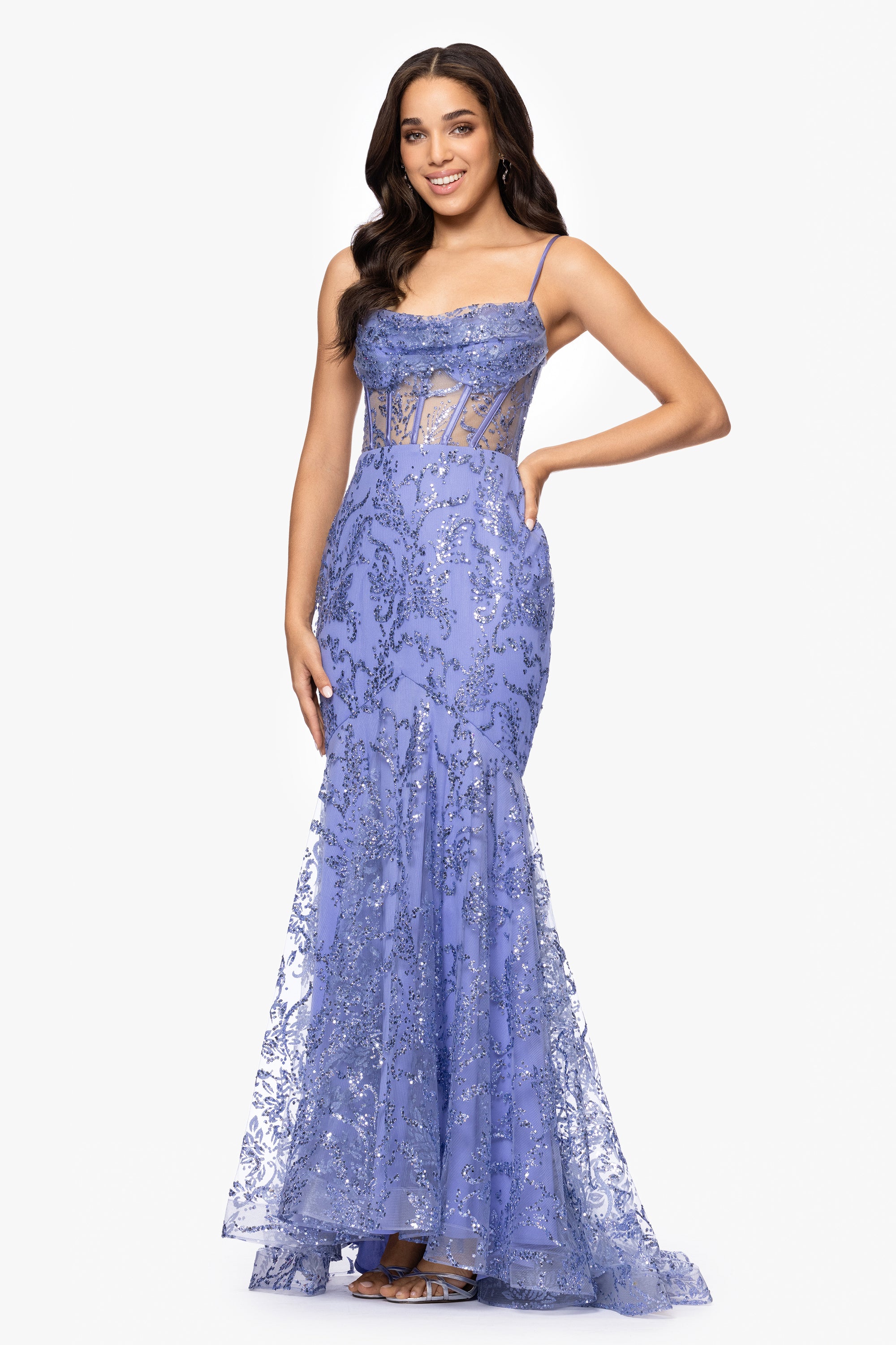 "Melanie" Long Spaghetti Strap Glitter Mesh Dress
