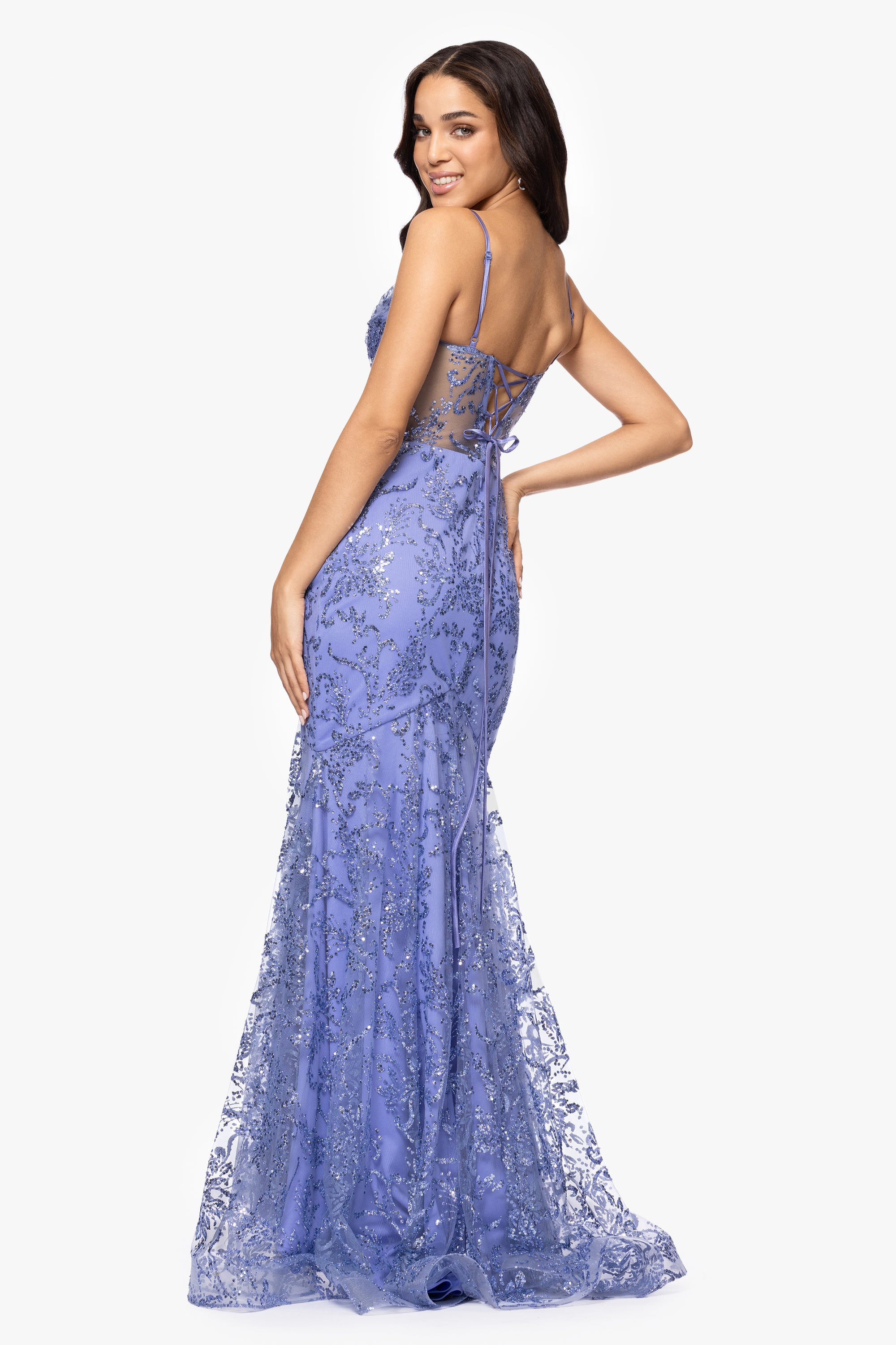 "Melanie" Long Spaghetti Strap Glitter Mesh Dress