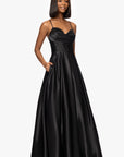 "Leah" Satin Stone Cowl Neck Floor Length Gown