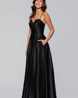 "Leah" Satin Stone Cowl Neck Floor Length Gown
