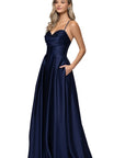 "Leah" Satin Stone Cowl Neck Floor Length Gown