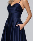 "Leah" Satin Stone Cowl Neck Floor Length Gown