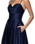 "Leah" Satin Stone Cowl Neck Floor Length Gown
