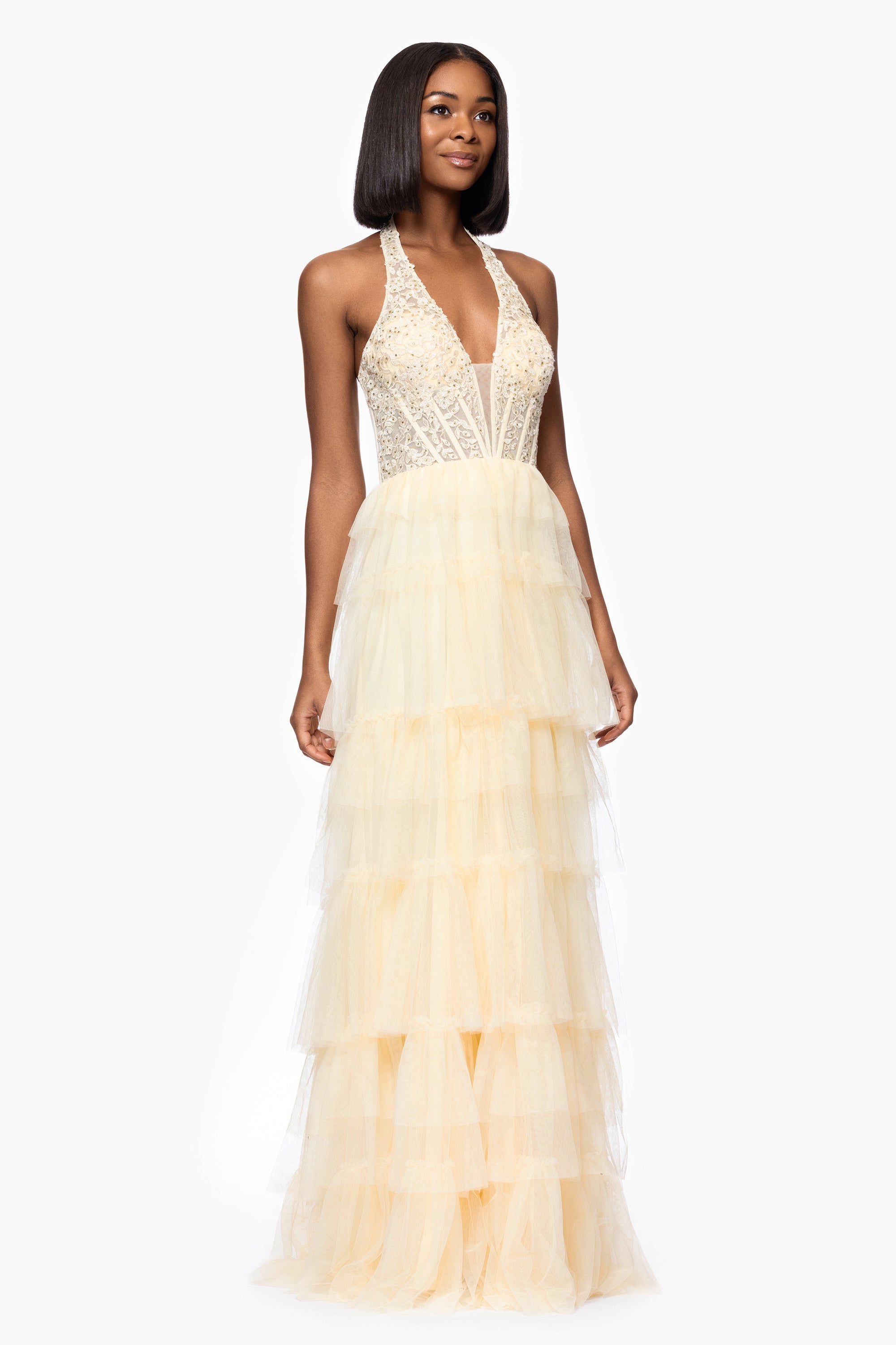 "Velma" Long Mesh Halter Neck Applique and Ruffle Skirt Dress