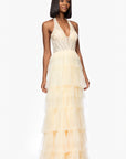 "Velma" Long Mesh Halter Neck Applique and Ruffle Skirt Dress