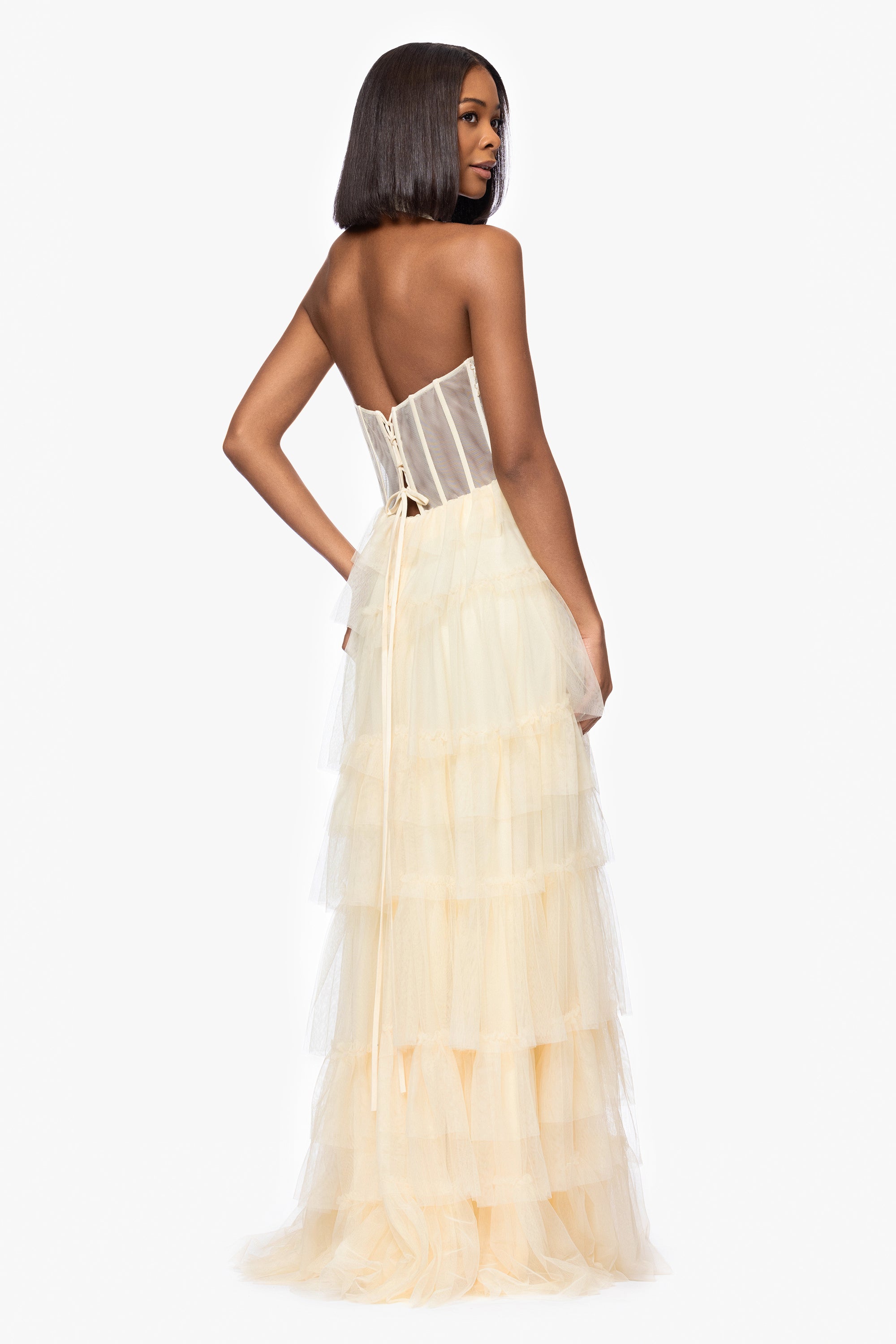 "Velma" Long Mesh Halter Neck Applique and Ruffle Skirt Dress