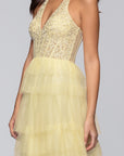 "Velma" Long Mesh Halter Neck Applique and Ruffle Skirt Dress