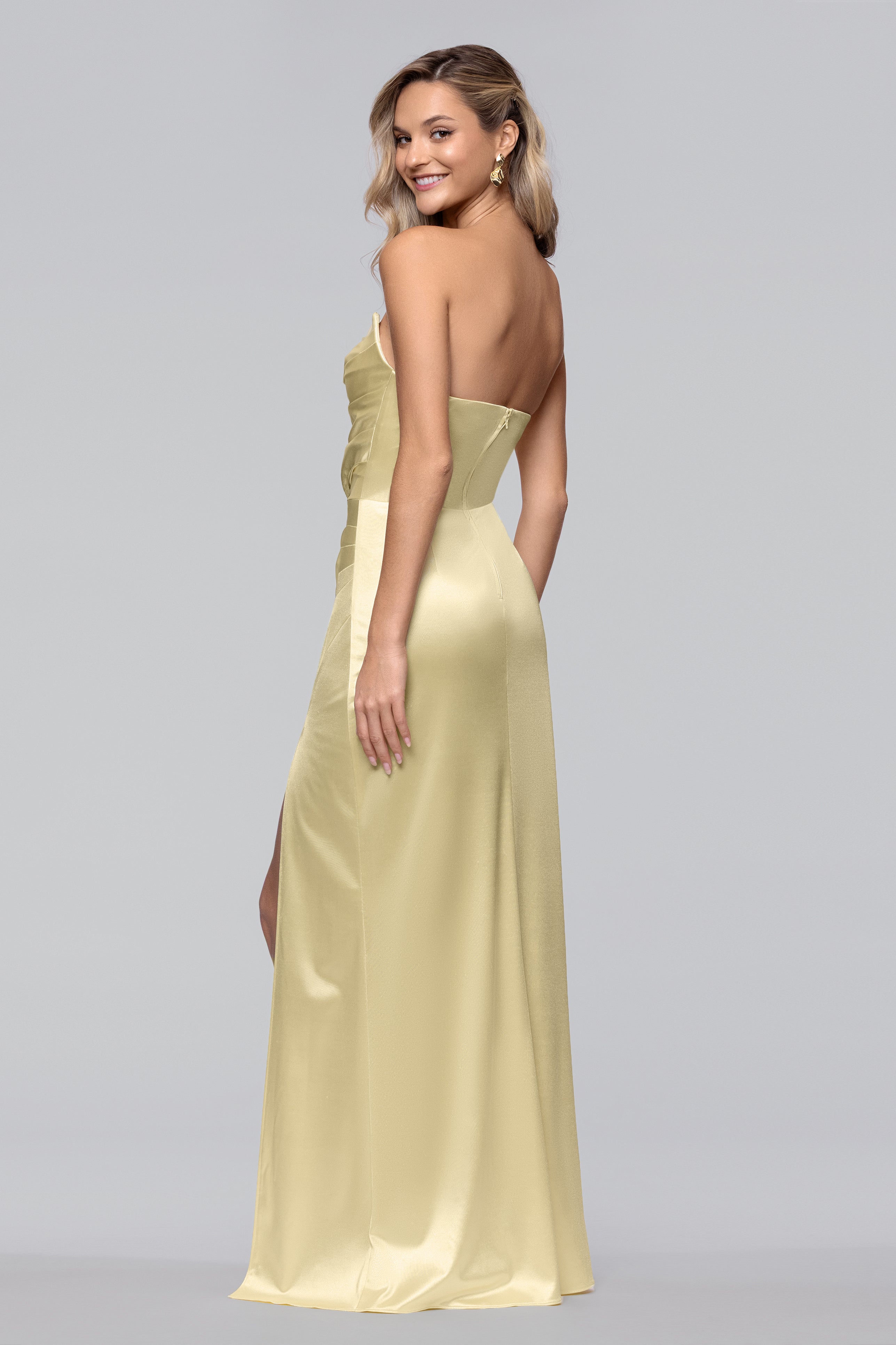 Yellow Strapless Dress Satin La Lune Strapless Ruched Bodice Maxi Dress |  Lemon | Dresses