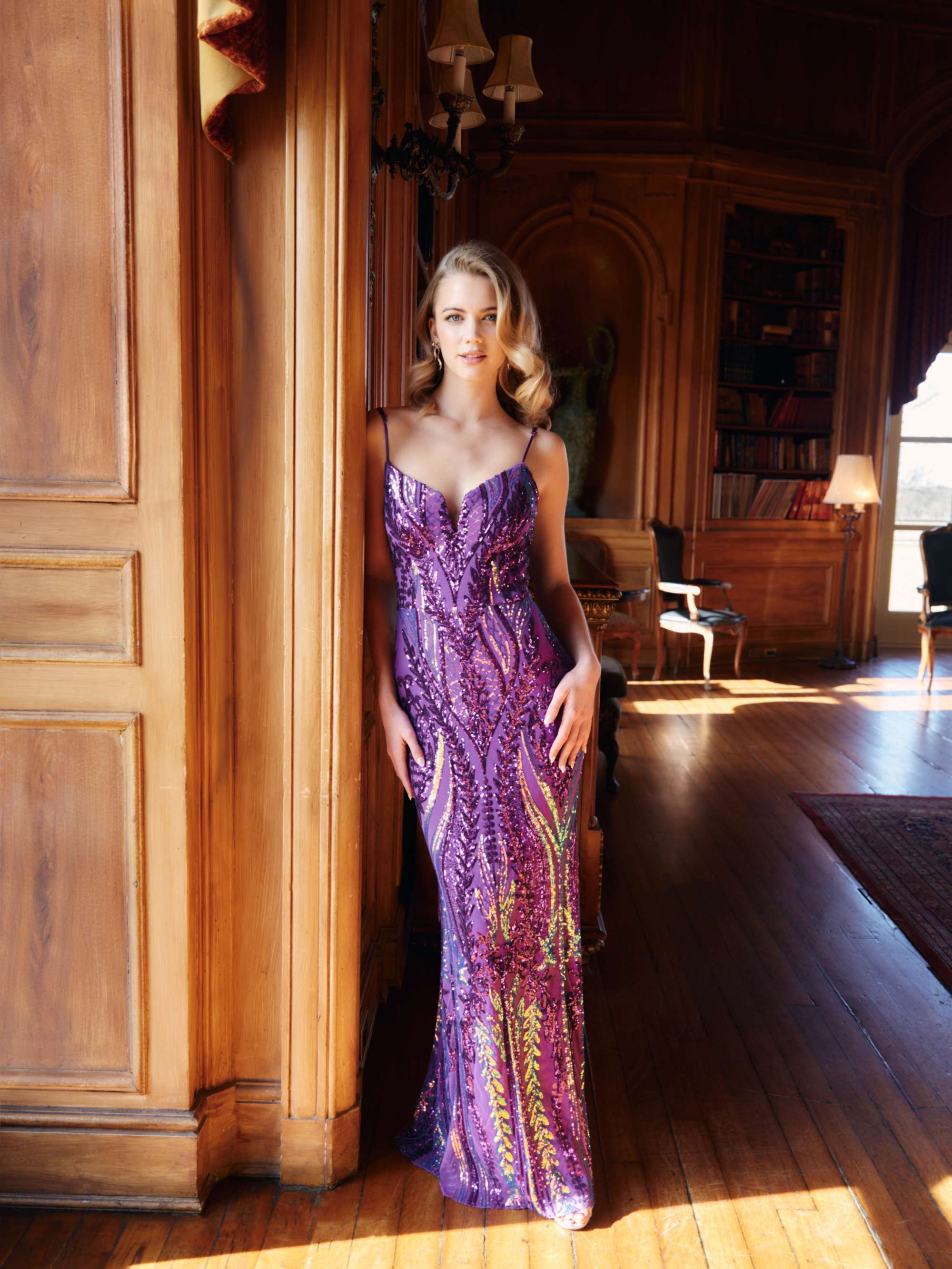 "Christine" Spaghetti Strap Floor Length Sequin Dress