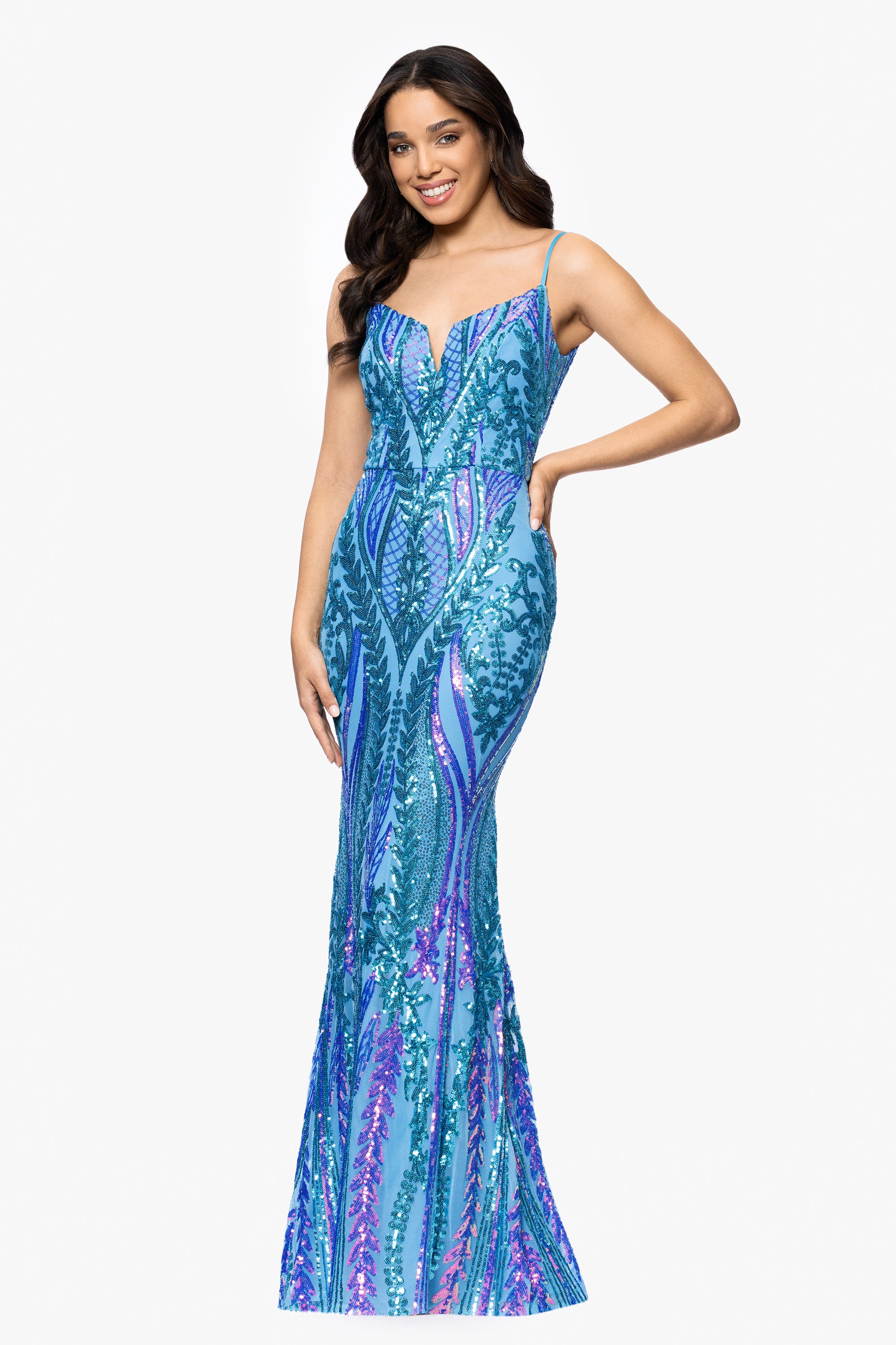 "Christine" Spaghetti Strap Floor Length Sequin Dress