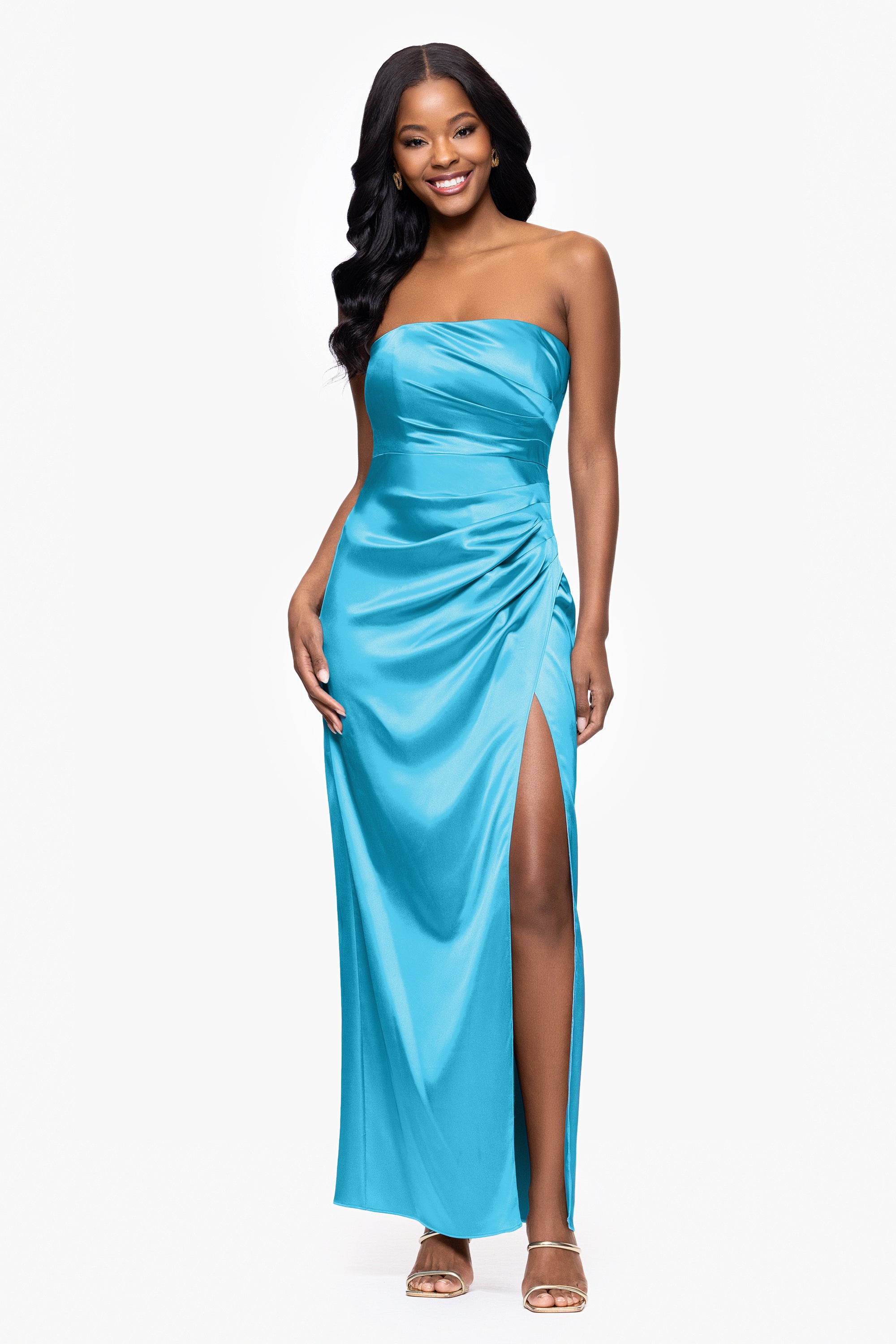 "Molly" Satin Strapless Leg Slit Floor Length Dress